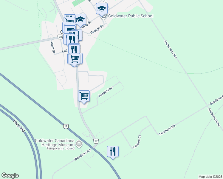 map of restaurants, bars, coffee shops, grocery stores, and more near 47 Harold Avenue in Coldwater