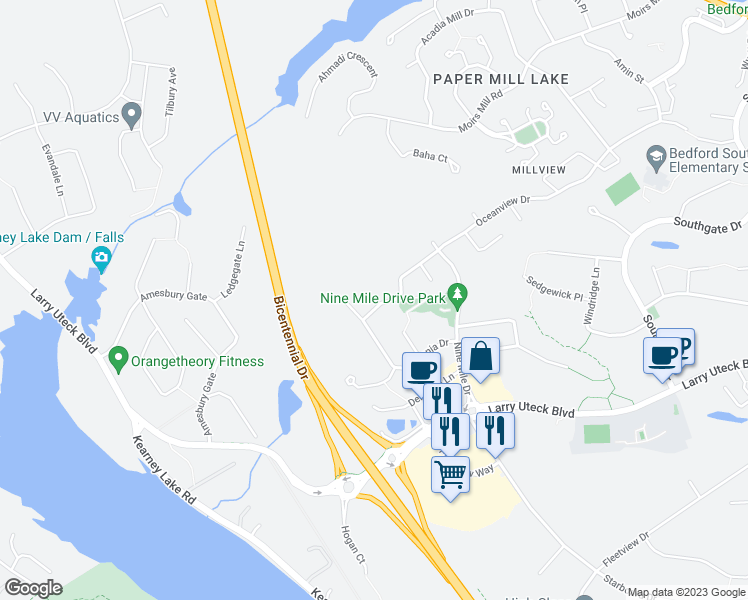 map of restaurants, bars, coffee shops, grocery stores, and more near 363 Oceanview Drive in Bedford