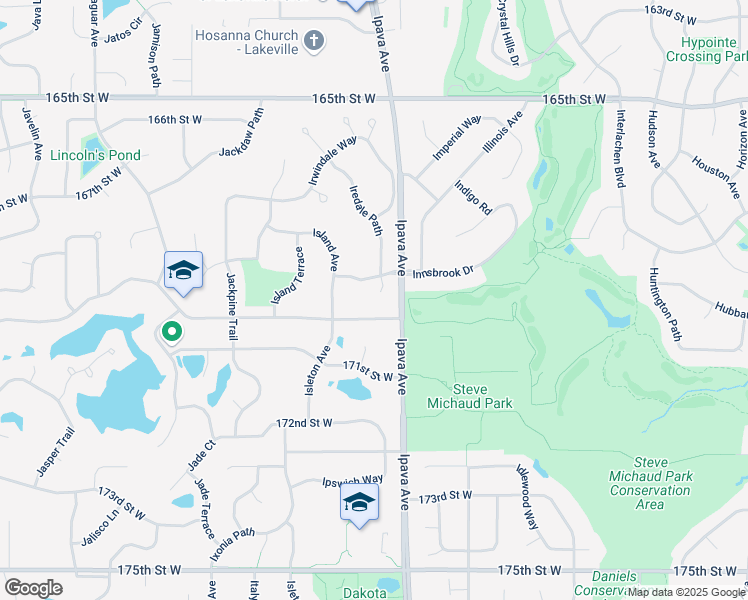map of restaurants, bars, coffee shops, grocery stores, and more near 16667 Innsbrook Drive in Lakeville
