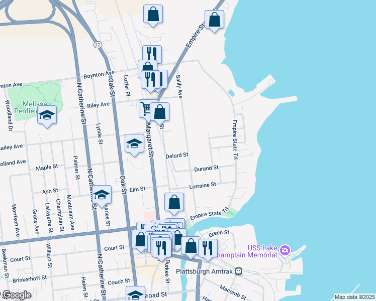 map of restaurants, bars, coffee shops, grocery stores, and more near 56 Sailly Avenue in Plattsburgh