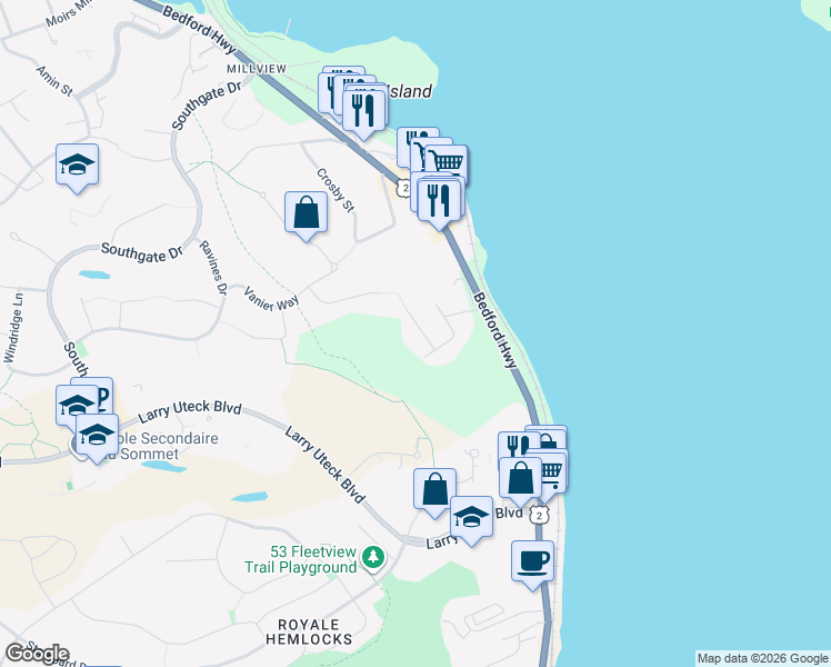 map of restaurants, bars, coffee shops, grocery stores, and more near 15 Merrill Drive in Halifax