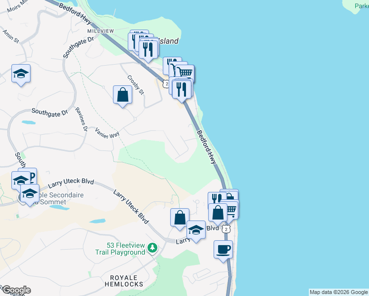 map of restaurants, bars, coffee shops, grocery stores, and more near 9 Dowell Drive in Halifax