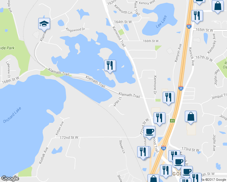 map of restaurants, bars, coffee shops, grocery stores, and more near 16352 Klamath Trail in Lakeville