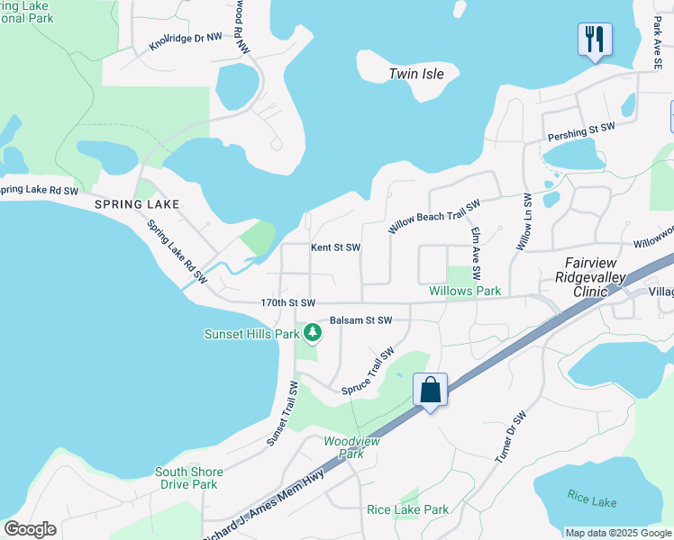 map of restaurants, bars, coffee shops, grocery stores, and more near 3306 Vale Circle Southwest in Prior Lake