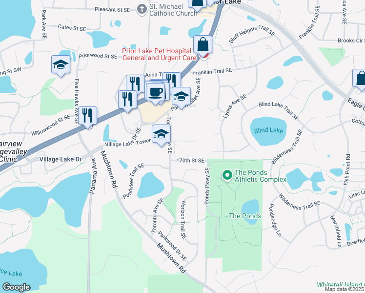map of restaurants, bars, coffee shops, grocery stores, and more near 4660 Tower Street Southeast in Prior Lake