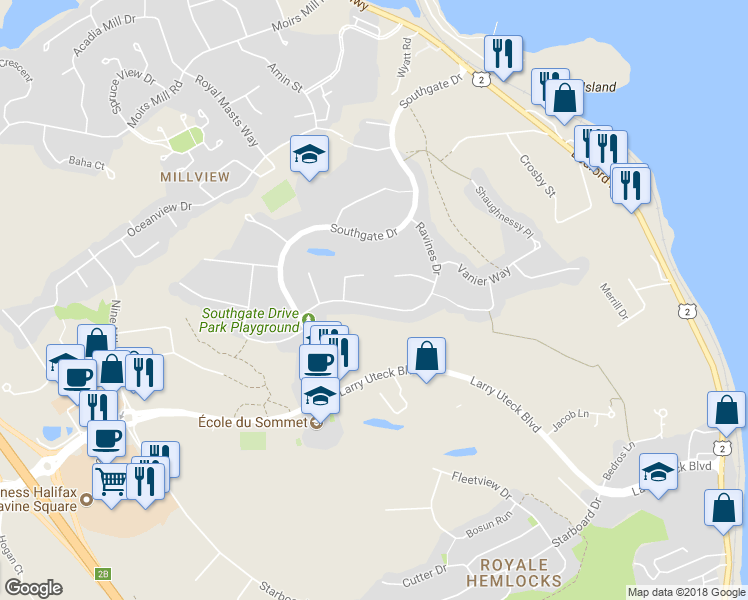 map of restaurants, bars, coffee shops, grocery stores, and more near 167 Ravines Drive in Bedford
