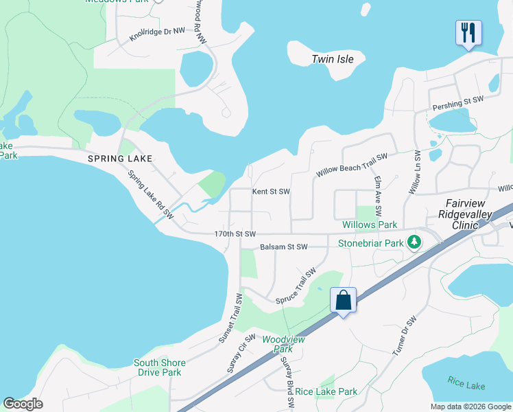 map of restaurants, bars, coffee shops, grocery stores, and more near 16921 Dewitte Avenue Southwest in Prior Lake