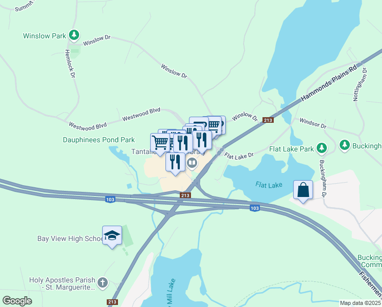 map of restaurants, bars, coffee shops, grocery stores, and more near 3650 Hammonds Plains Road in Upper Tantallon