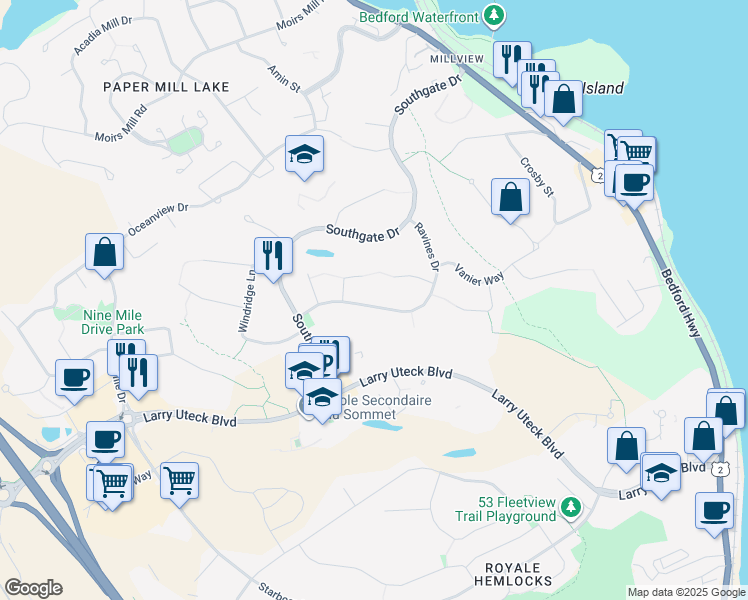 map of restaurants, bars, coffee shops, grocery stores, and more near 167 Ravines Drive in Bedford