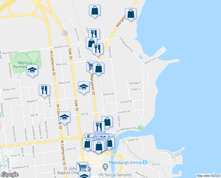 map of restaurants, bars, coffee shops, grocery stores, and more near 3-25 Delord Street in Plattsburgh