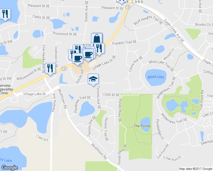 map of restaurants, bars, coffee shops, grocery stores, and more near 4660 Tower Street Southeast in Prior Lake
