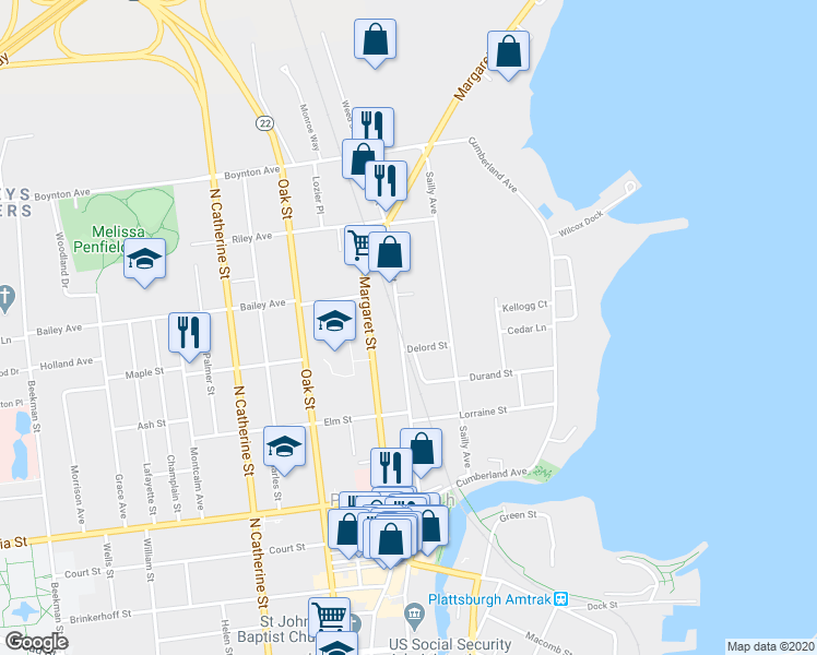 map of restaurants, bars, coffee shops, grocery stores, and more near 3 Delord Street in Plattsburgh