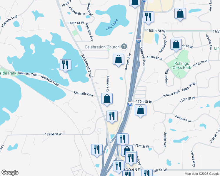 map of restaurants, bars, coffee shops, grocery stores, and more near 16940 Kenmore Drive in Lakeville