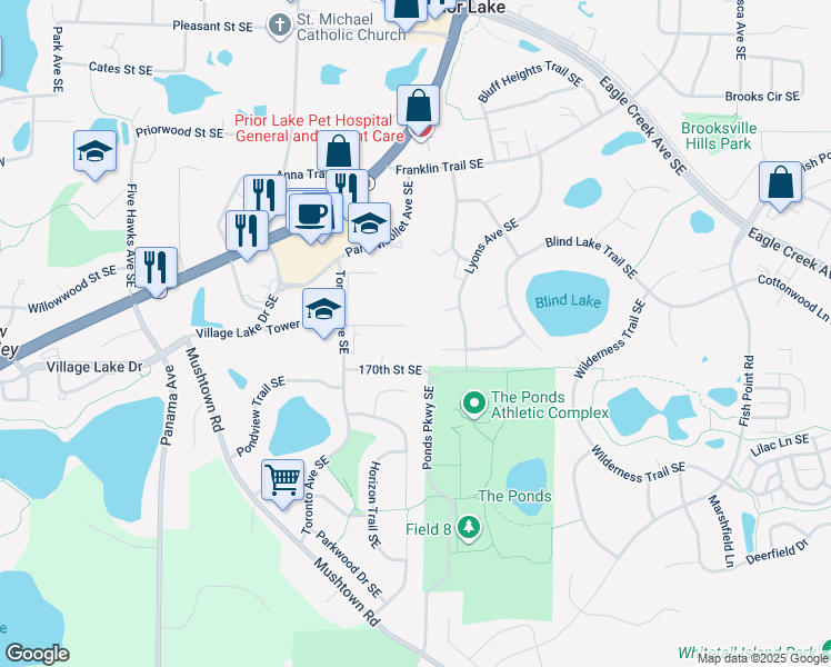 map of restaurants, bars, coffee shops, grocery stores, and more near 4718 Tower Street Southeast in Prior Lake