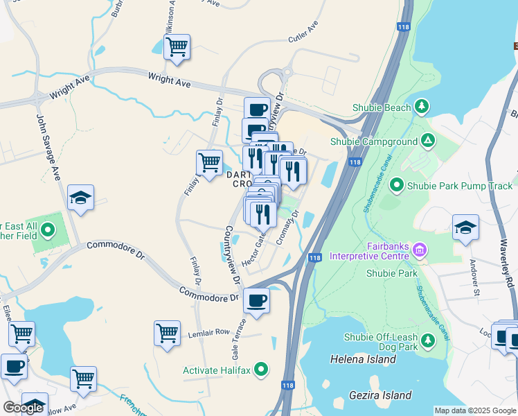 map of restaurants, bars, coffee shops, grocery stores, and more near 21 Logiealmond Close in Dartmouth