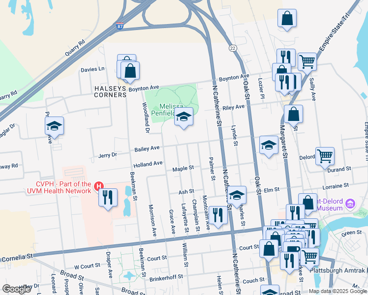 map of restaurants, bars, coffee shops, grocery stores, and more near 103 Champlain Street in Plattsburgh