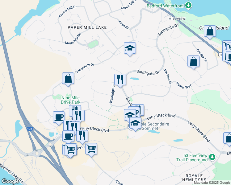 map of restaurants, bars, coffee shops, grocery stores, and more near 117 Windridge Lane in Bedford