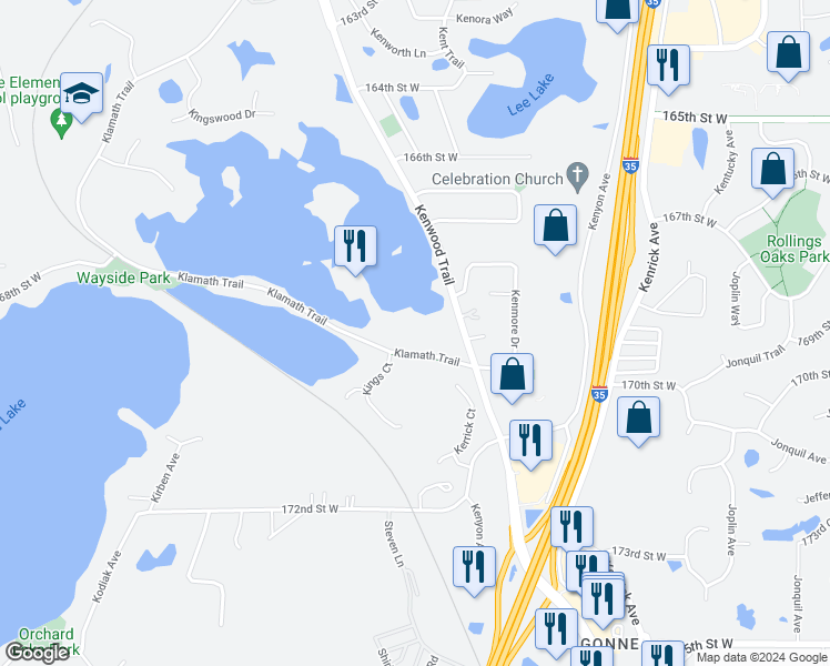 map of restaurants, bars, coffee shops, grocery stores, and more near 16880 Klamath Trail in Lakeville