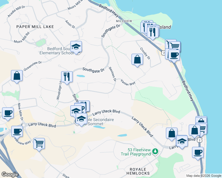 map of restaurants, bars, coffee shops, grocery stores, and more near 99 Ravines Drive in Bedford