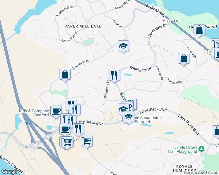 map of restaurants, bars, coffee shops, grocery stores, and more near 117 Windridge Lane in Bedford