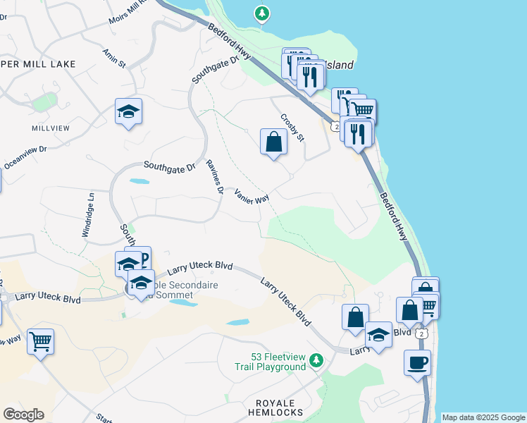 map of restaurants, bars, coffee shops, grocery stores, and more near 14 Worthington Place in Bedford