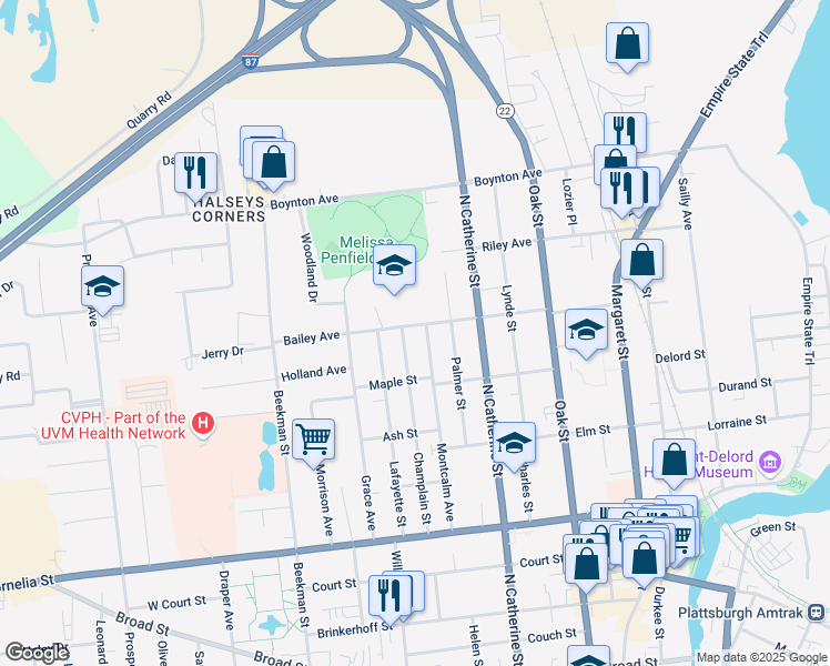 map of restaurants, bars, coffee shops, grocery stores, and more near 103 Champlain Street in Plattsburgh