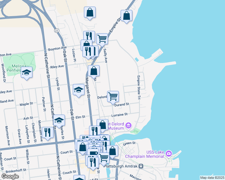 map of restaurants, bars, coffee shops, grocery stores, and more near 64 Sailly Avenue in Plattsburgh