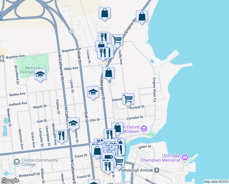 map of restaurants, bars, coffee shops, grocery stores, and more near 3-25 Delord Street in Plattsburgh