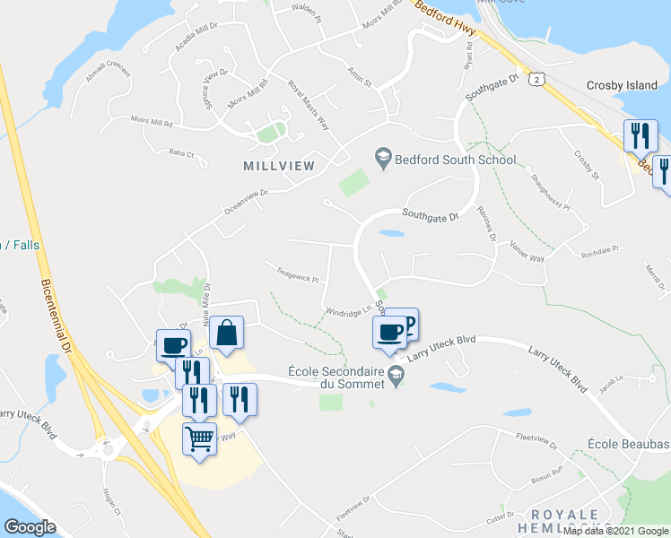 map of restaurants, bars, coffee shops, grocery stores, and more near 121 Windridge Lane in Bedford