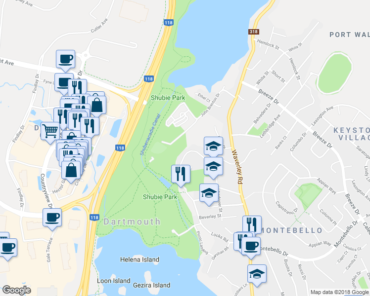 map of restaurants, bars, coffee shops, grocery stores, and more near 53D Andover Street in Dartmouth