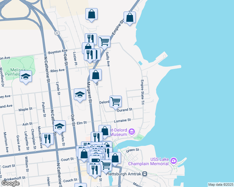 map of restaurants, bars, coffee shops, grocery stores, and more near 66 Sailly Avenue in Plattsburgh
