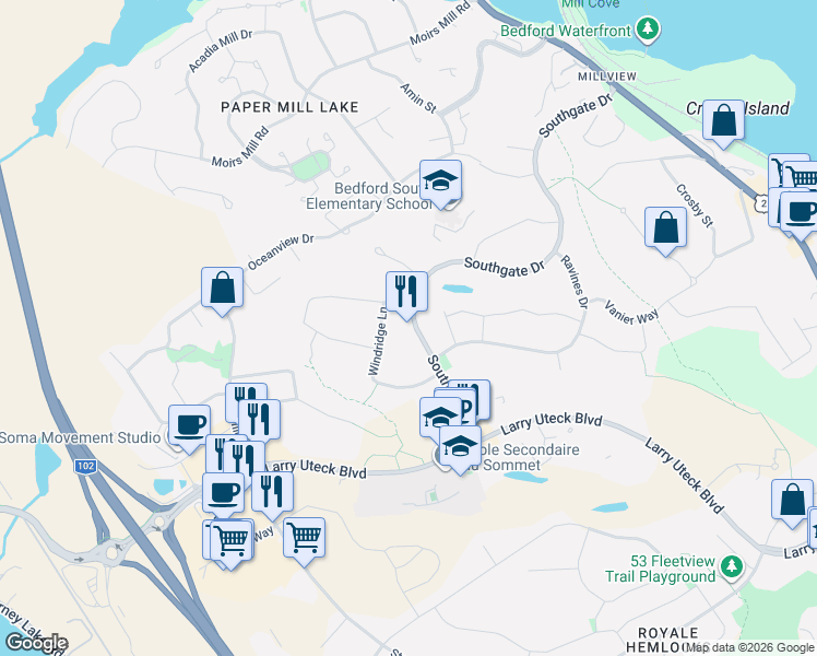 map of restaurants, bars, coffee shops, grocery stores, and more near 415 Southgate Drive in Bedford
