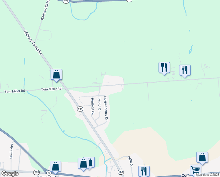 map of restaurants, bars, coffee shops, grocery stores, and more near 449 Tom Miller Road in Plattsburgh