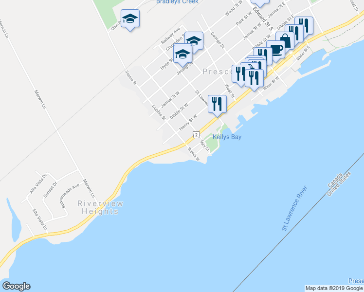 map of restaurants, bars, coffee shops, grocery stores, and more near King Street West in Prescott