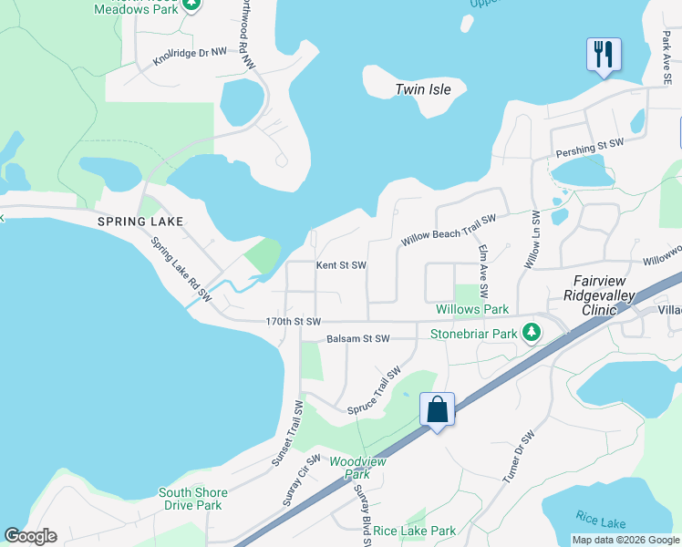 map of restaurants, bars, coffee shops, grocery stores, and more near 16921 Dewitte Avenue Southwest in Prior Lake