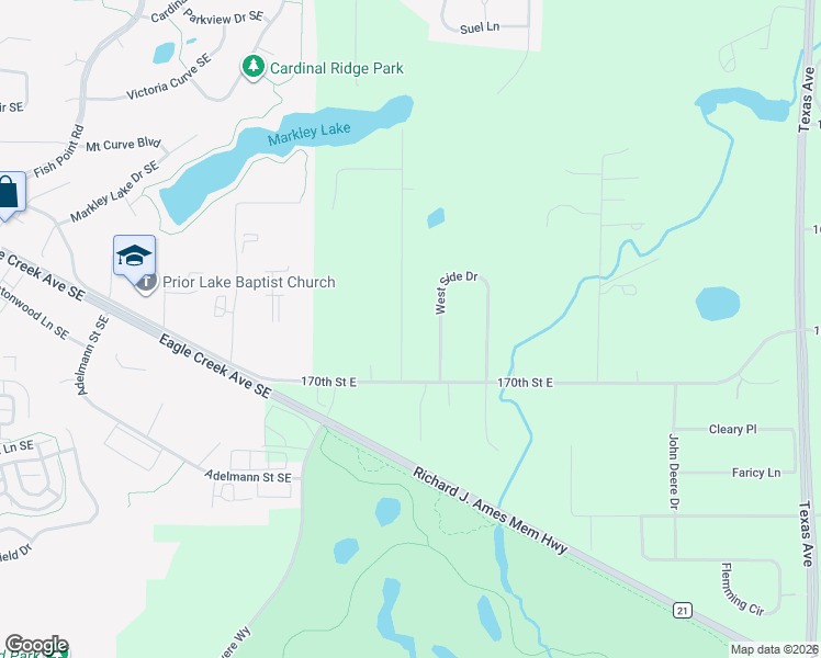 map of restaurants, bars, coffee shops, grocery stores, and more near 16901 Whitewood Avenue in Prior Lake