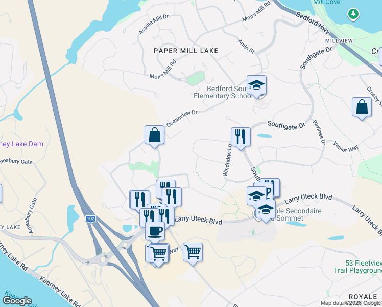 map of restaurants, bars, coffee shops, grocery stores, and more near 82 Sedgewick Place in Bedford