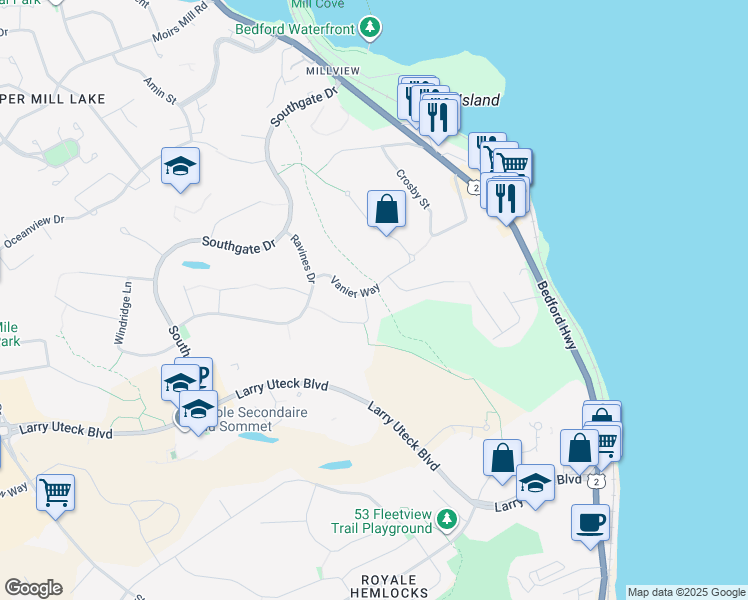 map of restaurants, bars, coffee shops, grocery stores, and more near 6 Worthington Place in Bedford
