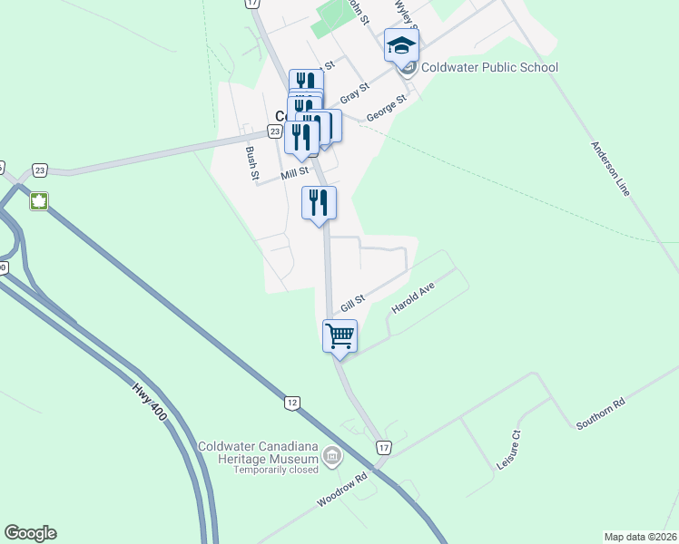 map of restaurants, bars, coffee shops, grocery stores, and more near 57 Regional Road 17 in Coldwater