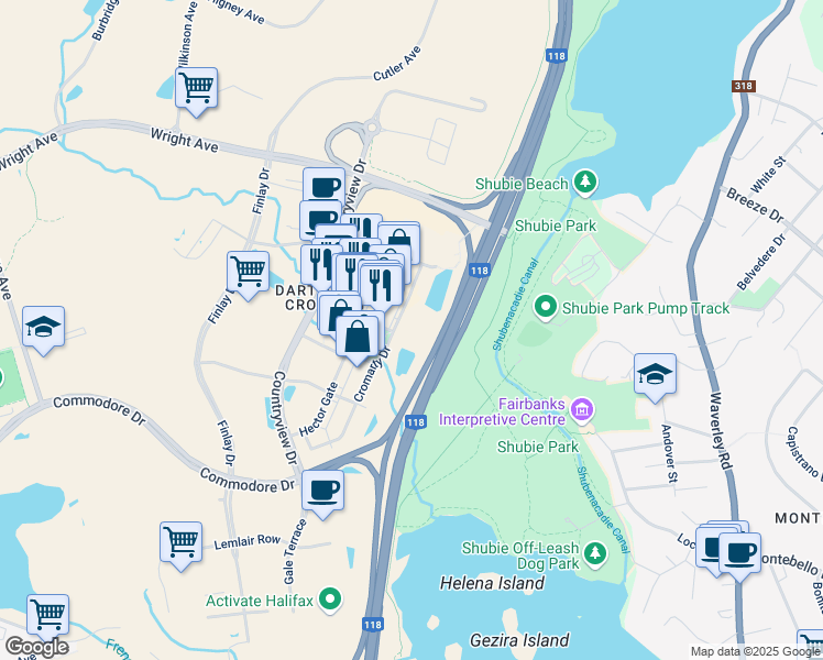 map of restaurants, bars, coffee shops, grocery stores, and more near 65 Cromarty Drive in Dartmouth