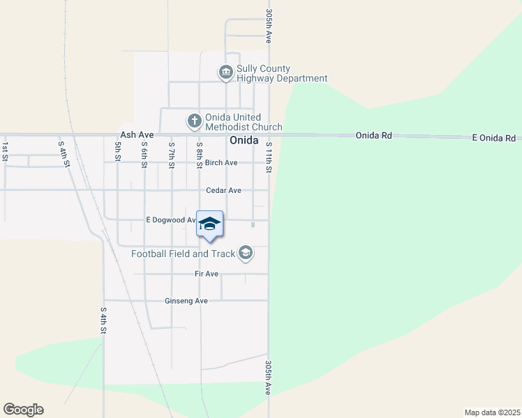 map of restaurants, bars, coffee shops, grocery stores, and more near 301-399 South 11th Street in Onida