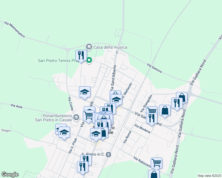map of restaurants, bars, coffee shops, grocery stores, and more near 151 Via Sant'Alberto in San Pietro In Casale