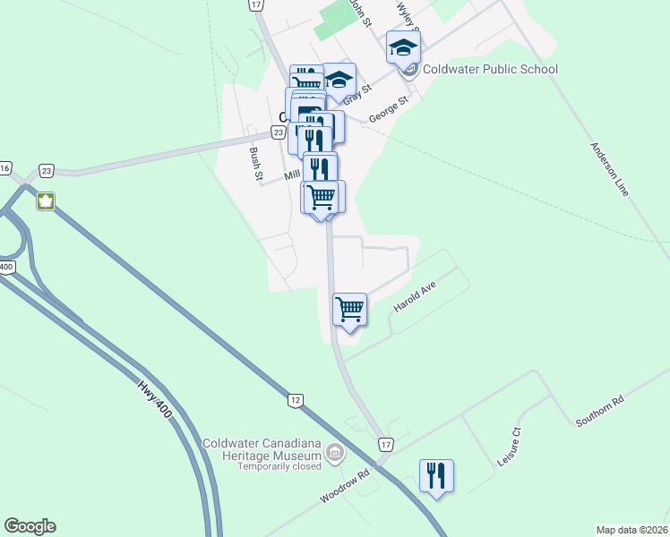 map of restaurants, bars, coffee shops, grocery stores, and more near 57 Regional Road 17 in Coldwater