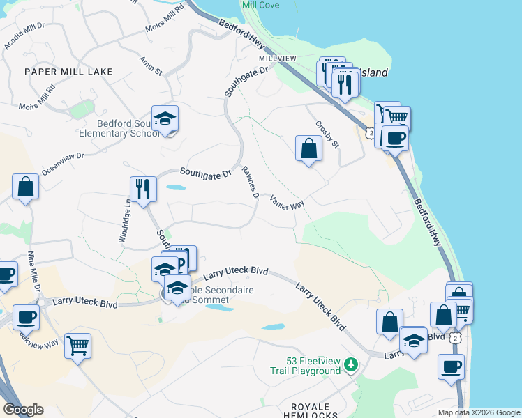 map of restaurants, bars, coffee shops, grocery stores, and more near 99 Ravines Drive in Bedford