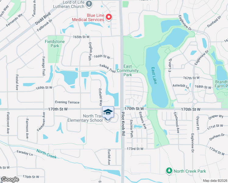 map of restaurants, bars, coffee shops, grocery stores, and more near 16957 Enfield Court in Lakeville