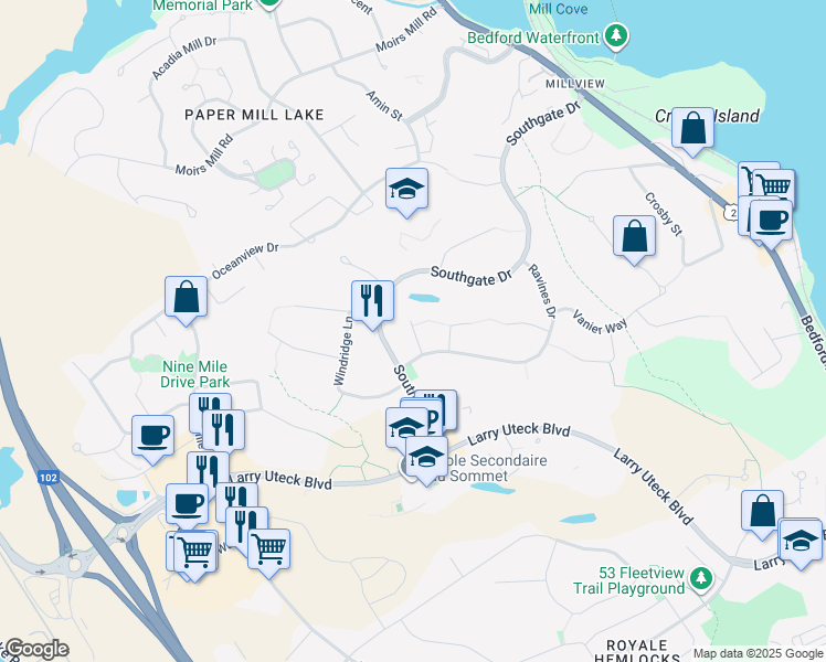map of restaurants, bars, coffee shops, grocery stores, and more near 20 Haystead Ridge in Bedford