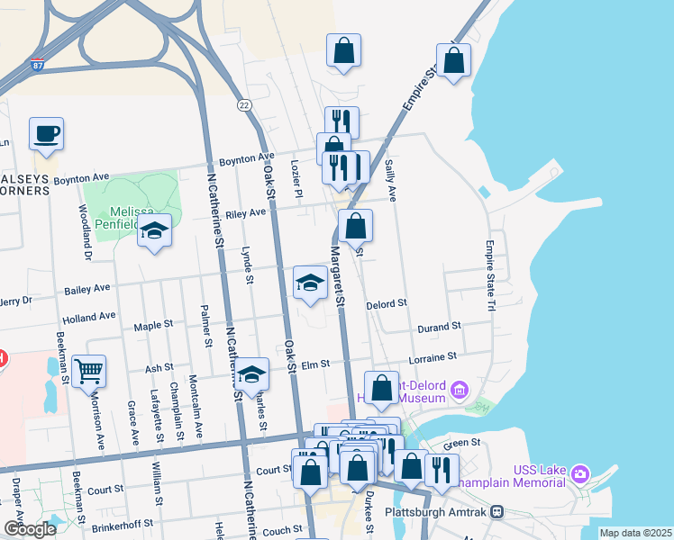 map of restaurants, bars, coffee shops, grocery stores, and more near 244 Margaret Street in Plattsburgh