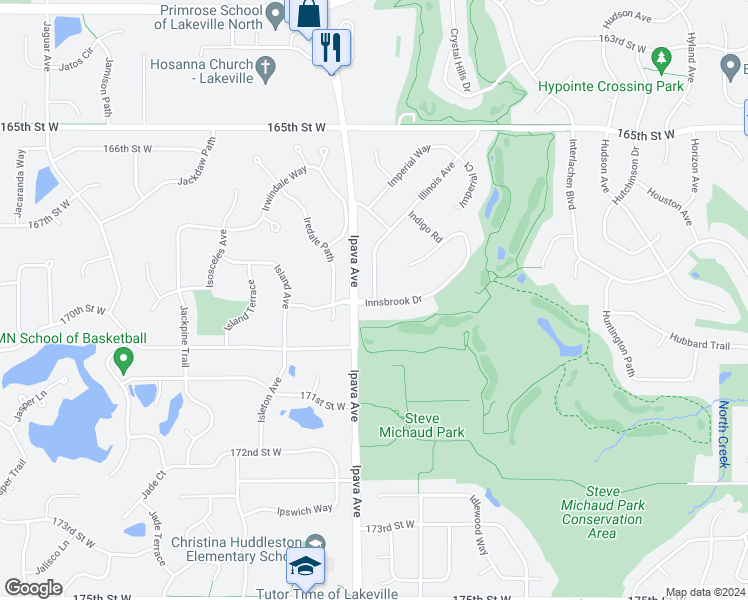 map of restaurants, bars, coffee shops, grocery stores, and more near 16680 Innsbrook Drive in Lakeville