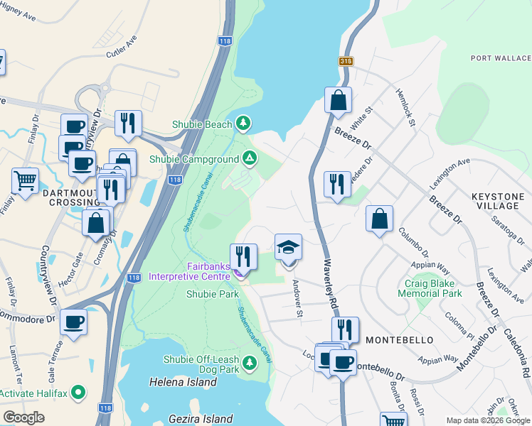 map of restaurants, bars, coffee shops, grocery stores, and more near 46 Angel Court in Dartmouth