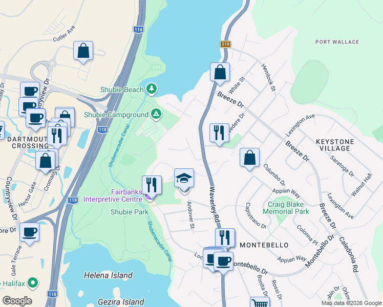 map of restaurants, bars, coffee shops, grocery stores, and more near 14 Crest Drive in Dartmouth